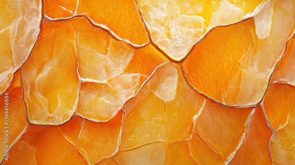 Poster close-up of vibrant orange sliced layers with translucent texture and abstract patterns