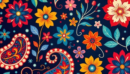 Bold paisley floral pattern, rich colors, flowing design, luxury, vintage, bold