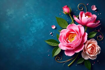 Bold peony & rose bouquet, swirling vines on deep blue background, dark, background