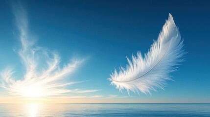 Serene Sunset: A Single Feather Floating on Calm Ocean Waters