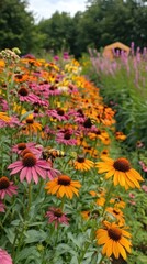 Colorful coneflowers in a garden bed with a wooden structure in the background