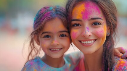 Fototapeta premium Smiling mother and daughter celebrating holi festival with colorful powder on faces