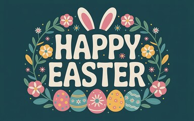 Happy Easter Typography with Cute Bunny Ears Colorful Eggs Floral Wreath and Delicate Spring Leaves on a Dark Teal Background for Festive Greeting Cards Posters and Seasonal Designs. Easter Holiday