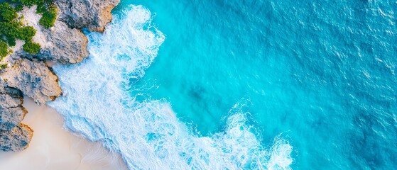 panoramic drone view of coastal cliffs with vivid blue waves crashing below, high contrast lighting and nostalgic editing filter