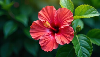Bold, vibrant hibiscus, lush tropical foliage, bright colors, leaves, flower pattern