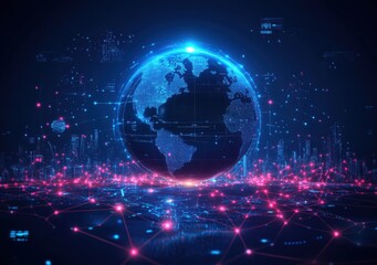 Obraz premium A blue and red globe with a city in the background