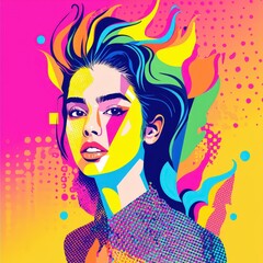 Vibrant pop art portrait of a woman with bold geometric patterns and colorful background