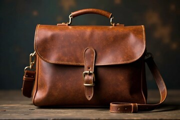 Brown leather satchel, rustic texture, studio shot, product, mockup, isolated