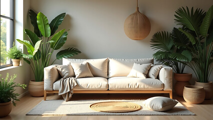 Modern Living Room with Minimalist Decor and Lush Greenery