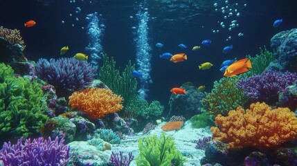 Vibrant underwater coral reef with tropical fish in clear blue ocean water