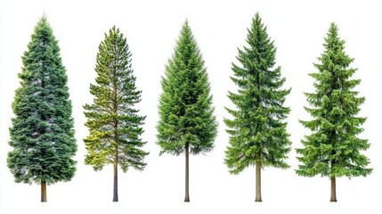 Five different evergreen trees isolated on a solid white background
