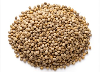 Fototapeta premium A large pile of light brown coriander seeds on a white background, showcasing their texture and shape, ideal for culinary or agricultural contexts