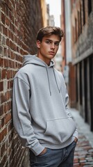Obraz premium Young man in gray hoodie leaning against brick wall in urban alley