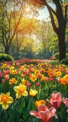 Obraz premium Springtime floral path through a park with sunlight
