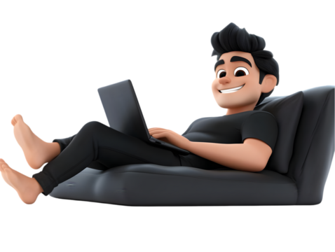 3D Cartoon Man Relaxing on a Black Couch Using Laptop