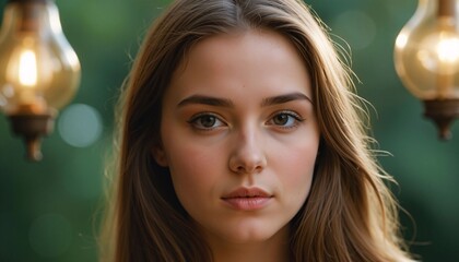 Young Woman with Brown Hair, Close-up Portrait with Lamps