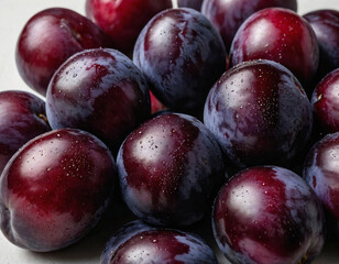 Obraz premium Fresh and Juicy Purple Plums Close-Up on Table