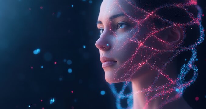 A woman's face is shown in a blue and red color scheme