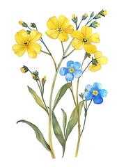 Watercolor Yellow Forget Me Not Isolated on White Background. Beautiful Forget Me Not Flower
