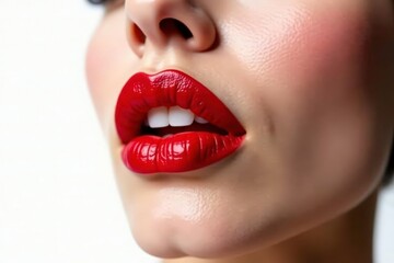 Obraz premium Close-up vibrant red lipstick, stark white backdrop, beauty, makeup, red
