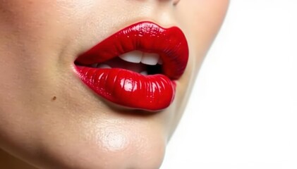 Obraz premium Close-up vibrant red lipstick, stark white backdrop, saturated, shot, white background