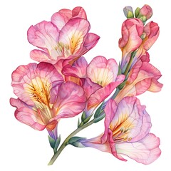 Fototapeta premium Watercolor Pink Freesia Isolated on White Background. Beautiful Freesia Flower