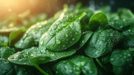 Vibrant Green Spinach Leaves with Dew Drops: A Close-Up Macro Shot