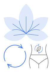Lotus flower outline, circular arrows for cycles, and stylized human torso suggest balance, wellness, health improvement, natural care. Ideal for fitness, diet, beauty self-care concepts health