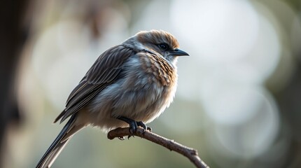 Close-Up of Bird Perched on Branch with Intricate Feather Details in Soft Natural Light