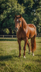 Chestnut Arabian horse grazing in a pasture