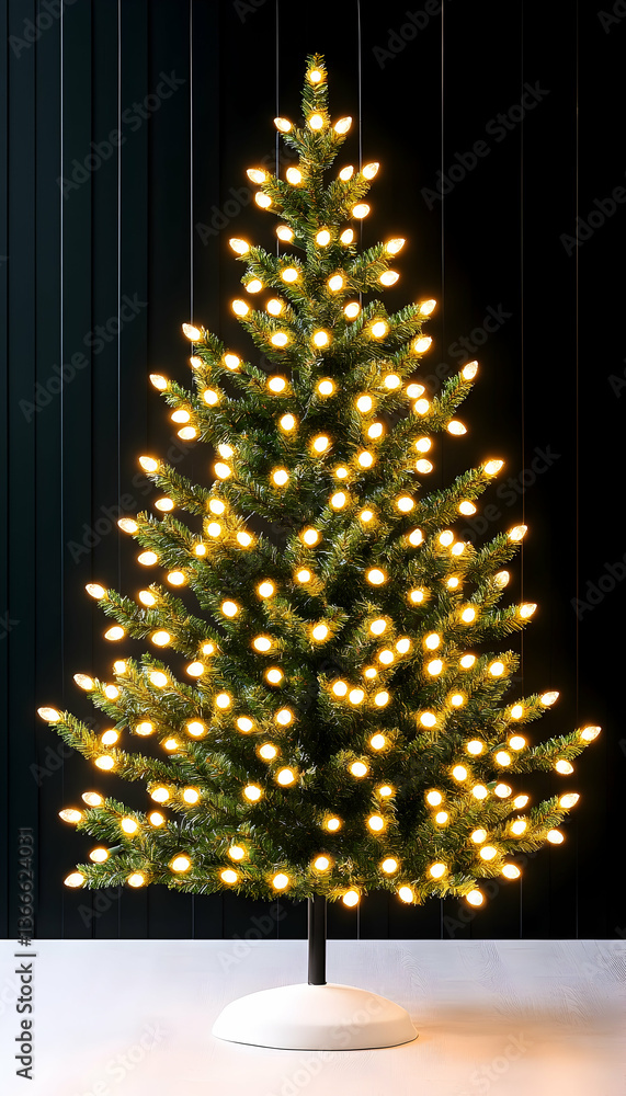 Poster illuminated artificial christmas tree on a white base against a dark background
