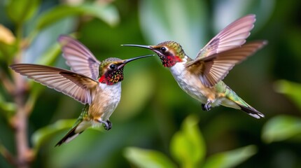 Two Hummingbirds Interacting with Vibrant Plumage and Shallow Depth of Field