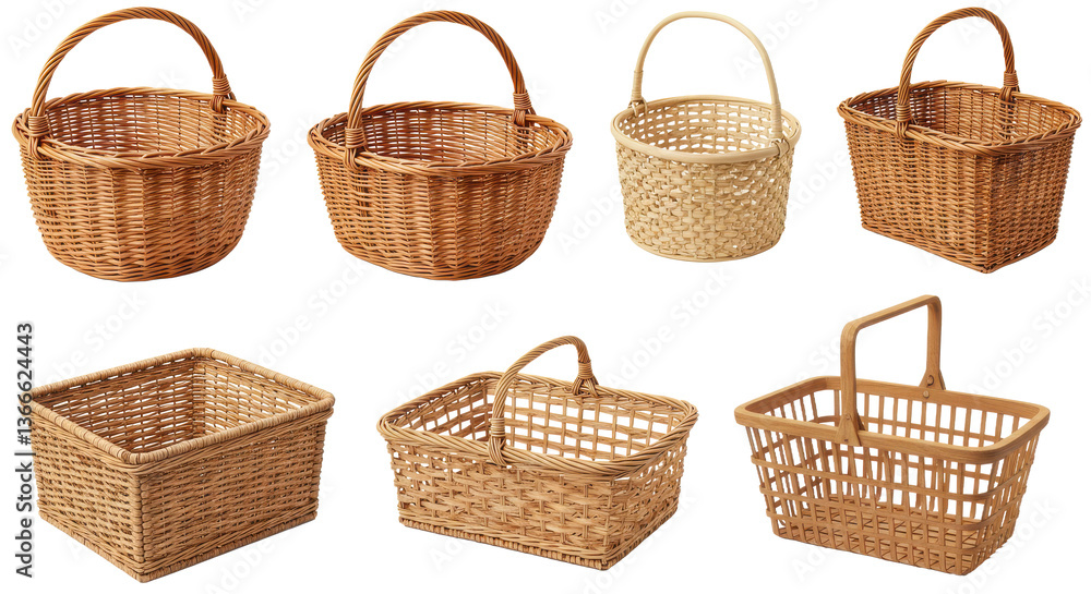 Poster a collection of various woven baskets displayed in two rows showcasing different shapes and styles o