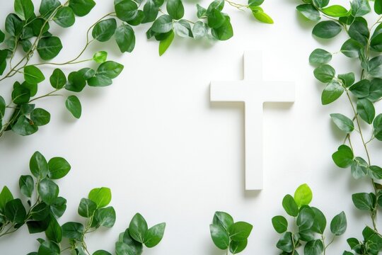 White cross with green leaves isolated on a white background, flat lay, copy space concept for Christian holiday celebrations like Easter or Christmas Generative AI