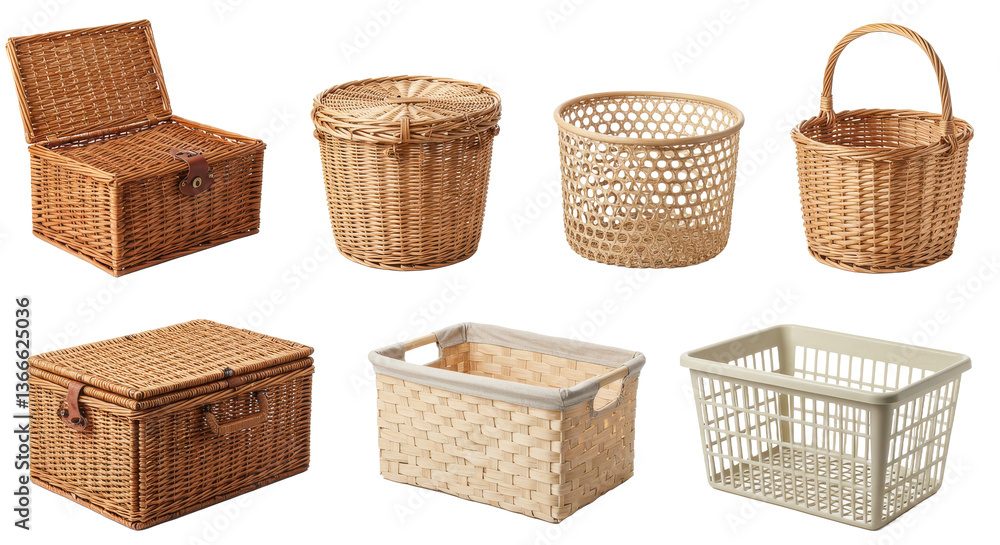 Poster a collection of woven baskets and boxes displayed against a neutral background in a studio setting