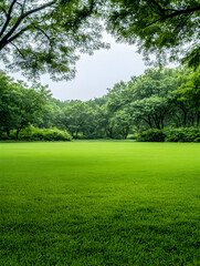 Lush green lawn framed by verdant trees under a soft sky