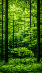 Obraz premium Lush green forest with tall trees and vibrant undergrowth