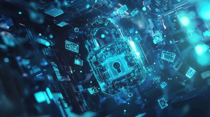Digital Security Concept with Futuristic Lock and Data Streams
