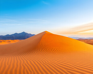 Majestic desert dune at sunrise, textured sand, mountains in background