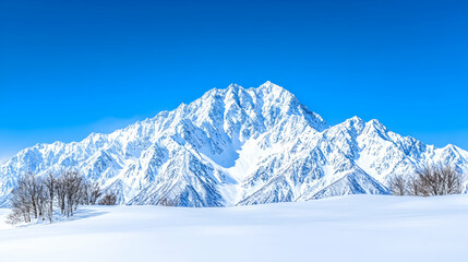 Fototapeta premium Majestic snow-capped mountain range under a vibrant blue sky, expansive snowy foreground