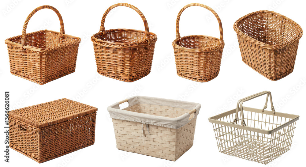 Poster a collection of various woven baskets displayed against a neutral background in a studio setting for