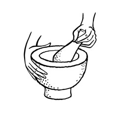 Female hands grinding with a mortar and pestle. Ink hand drawn line vector illustration on white background.