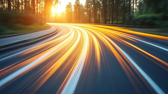 Golden light trails streak across a winding asphalt road surface