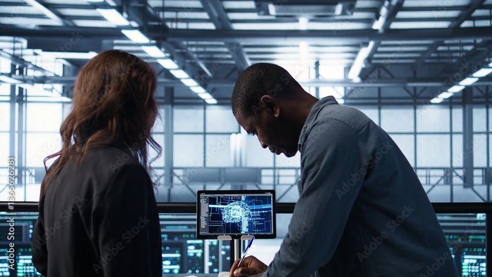 Poster manager meeting with client in data center using artificial intelligence tech, reaching deal. people
