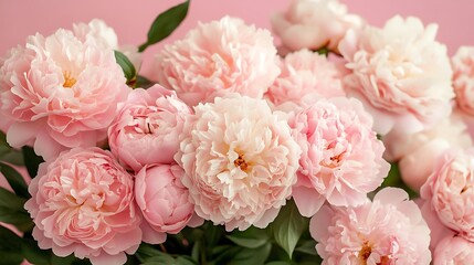 Obraz premium Pink peony roses on pastel pink background. Top view and copy space design
