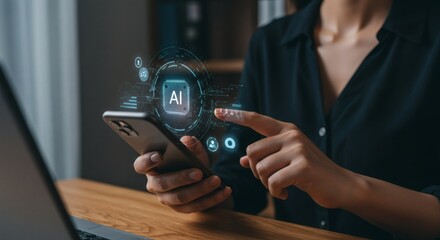 Naklejka premium A woman holding a smartphone and activating a voice assistant with a speech command. The digital interface is visible on the phone screen, highlighting AI technology. The image is in high resolution, 
