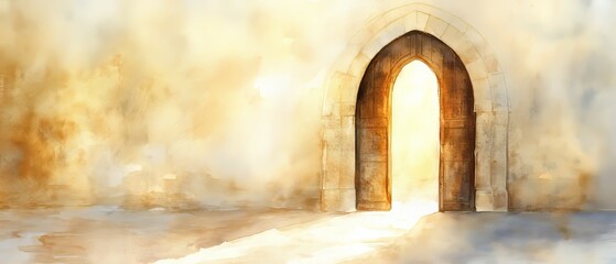 Watercolor Arched Doorway: Golden Light and Stone Texture 