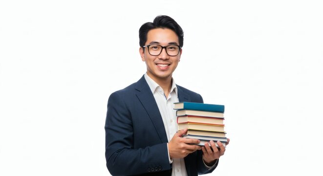 A professional teacher dressed in business casual attire, holding a stack of books and smiling warmly against a white background. The image is high-resolution with no blurred areas, symbolizing educat - Powered by Adobe