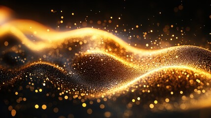 Golden Abstract Wave: Shimmering Particles Dance in Dark