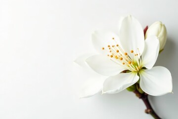 Delicate white flower blossoms against pure white background, fragile, romantic